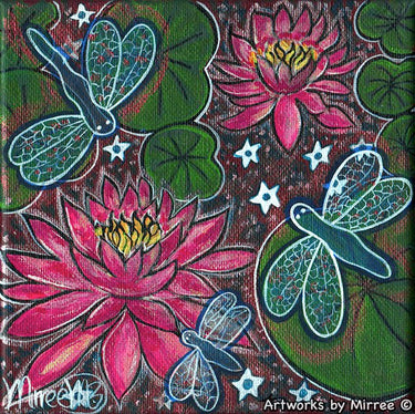 'DOUBLE PINK LOTUS WITH LILLY PADS & DRAGONFLIES' Framed Canvas Print by Mirree Contemporary Aboriginal Art